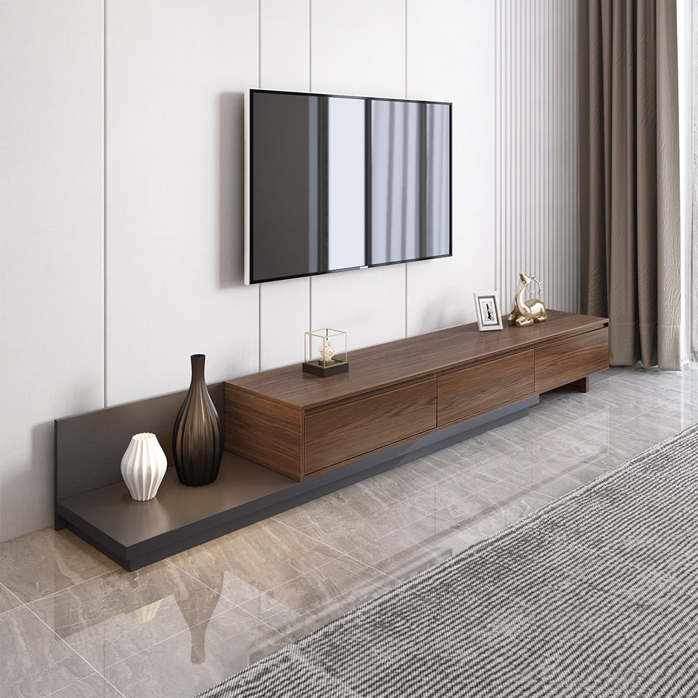Fero Minimalist Retracted & Extendable 3 Drawers TV Stand in Walnut & Gray Up to 120"