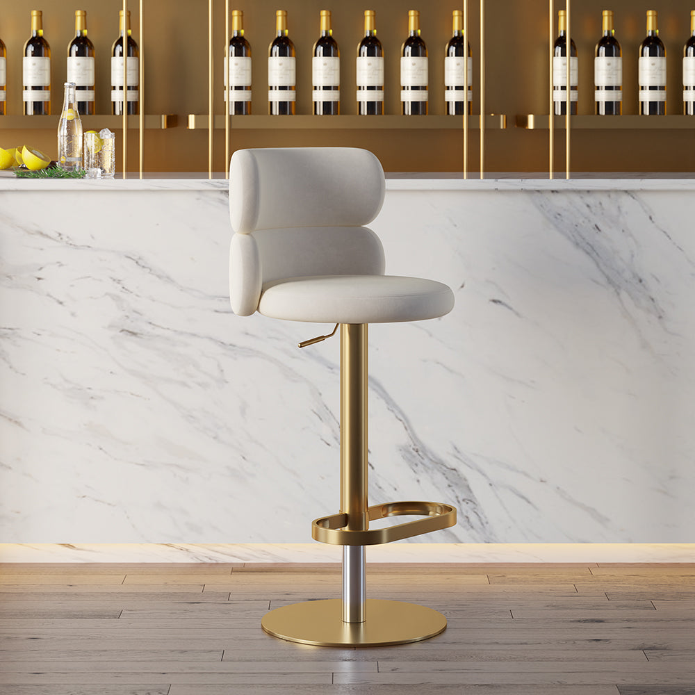 Warm White Velvet Swivel Upholstery Bar Stool with Backrest & Adjustable Gold Base Counter Stool