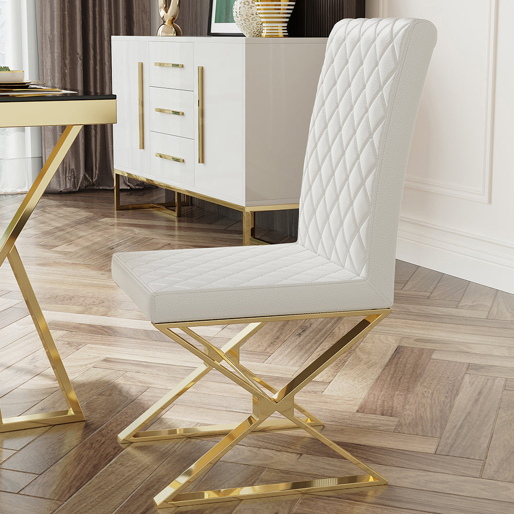 Set of 2 Modern Dining Chairs PU Leather Upholstered White Dining Room Chair with Gold Legs