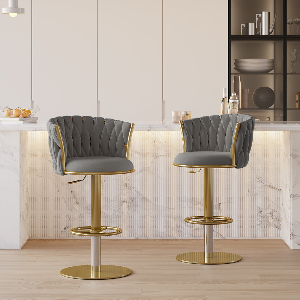 Sweave Set of 2 Gray Swivel Bar Stools Velvet Curved Back Adjustable Height