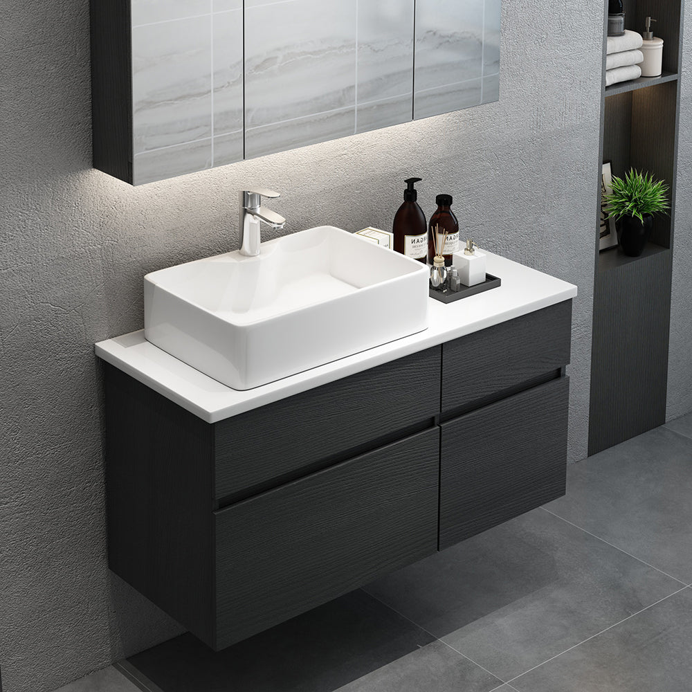31" Floating Bathroom Vanity Faux Marble Top Ceramic Vessel Sink Black & White Bathroom Sink Cabinet