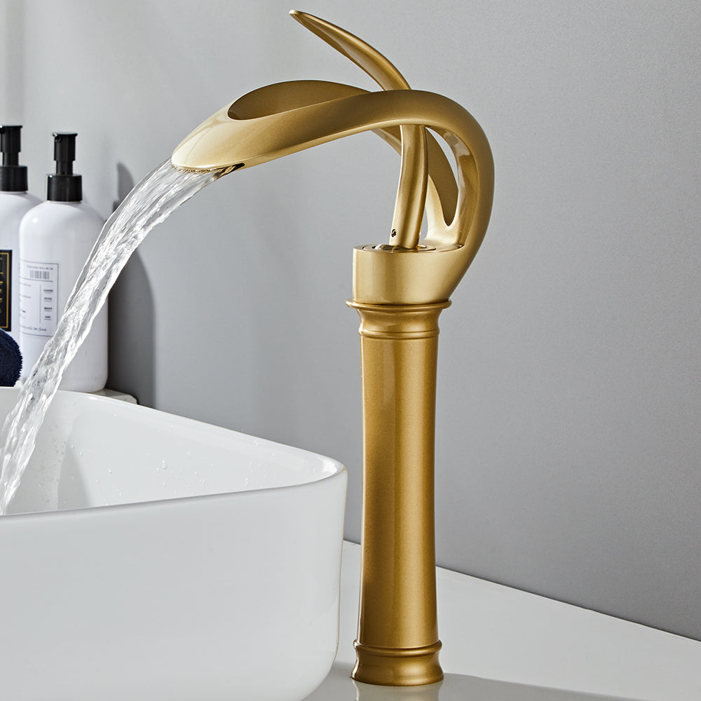 Modern Gold Waterfall Bathroom Vessel Sink Faucet Single Handle Solid Brass