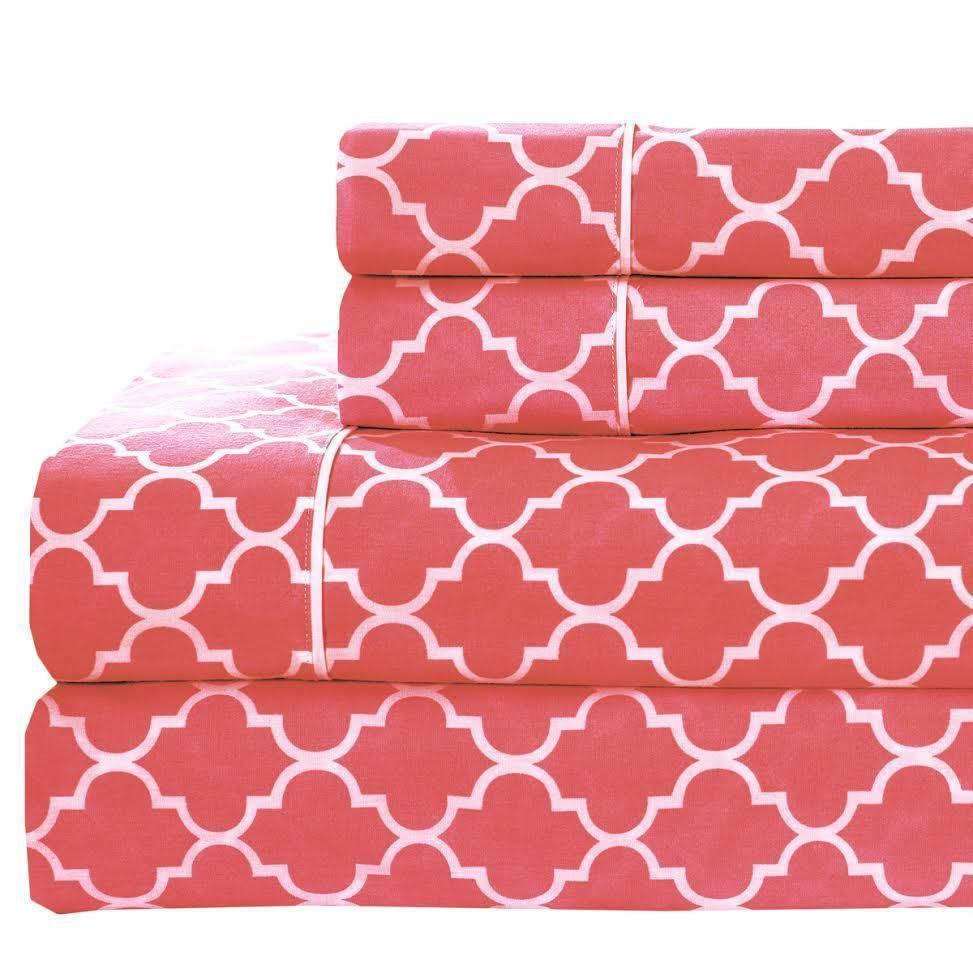 Meridian Quatrefoil Split King Sheet Set - 340 Thread Count - Coral