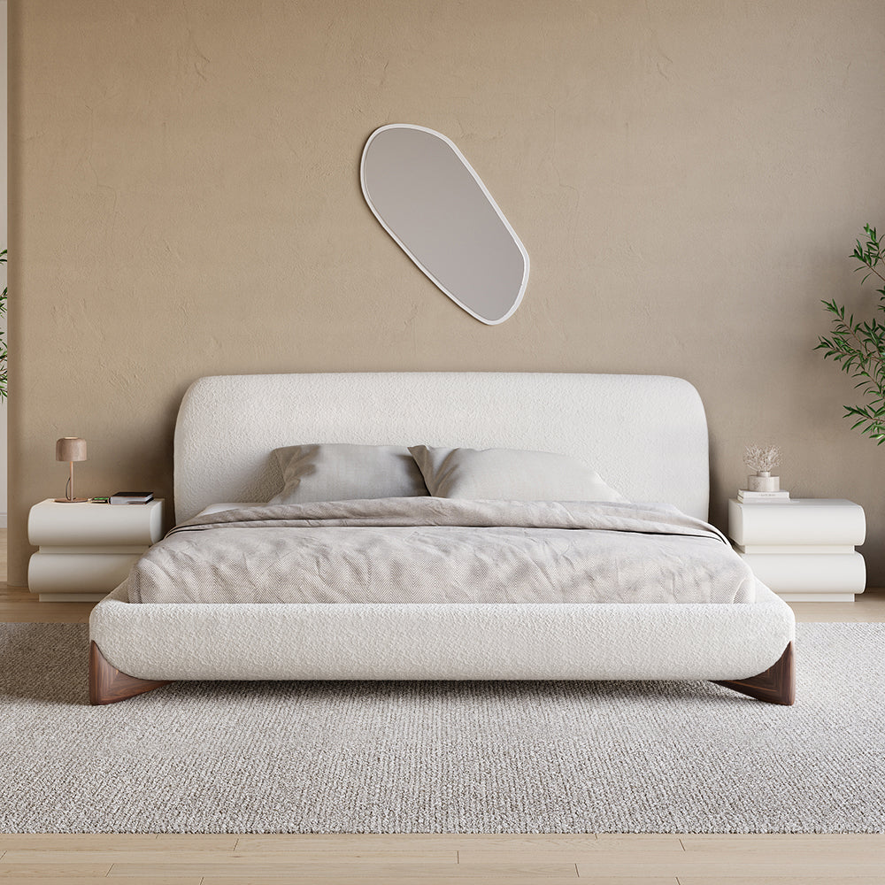 Queen Bedroom Set Boucle King Size Platform Bed Frame & 2 2-Drawer White Leather Smart Nightstands