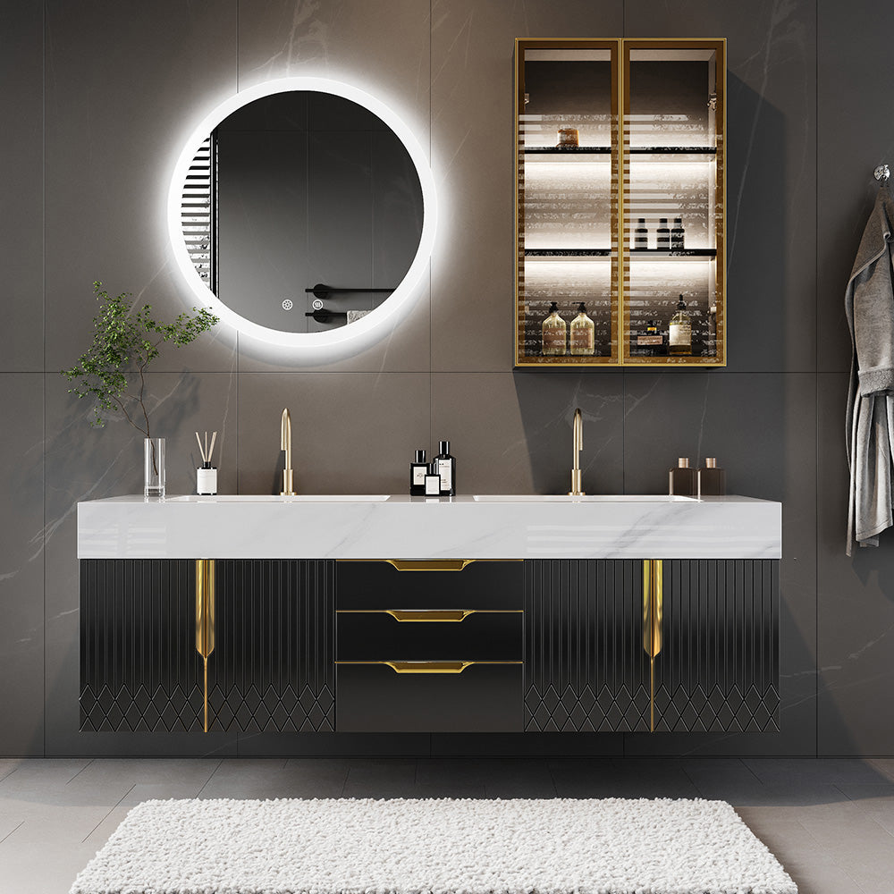 59" Bathroom Vanity Wall Mounted Cultured Marble Top with Double Sink Drawers Black