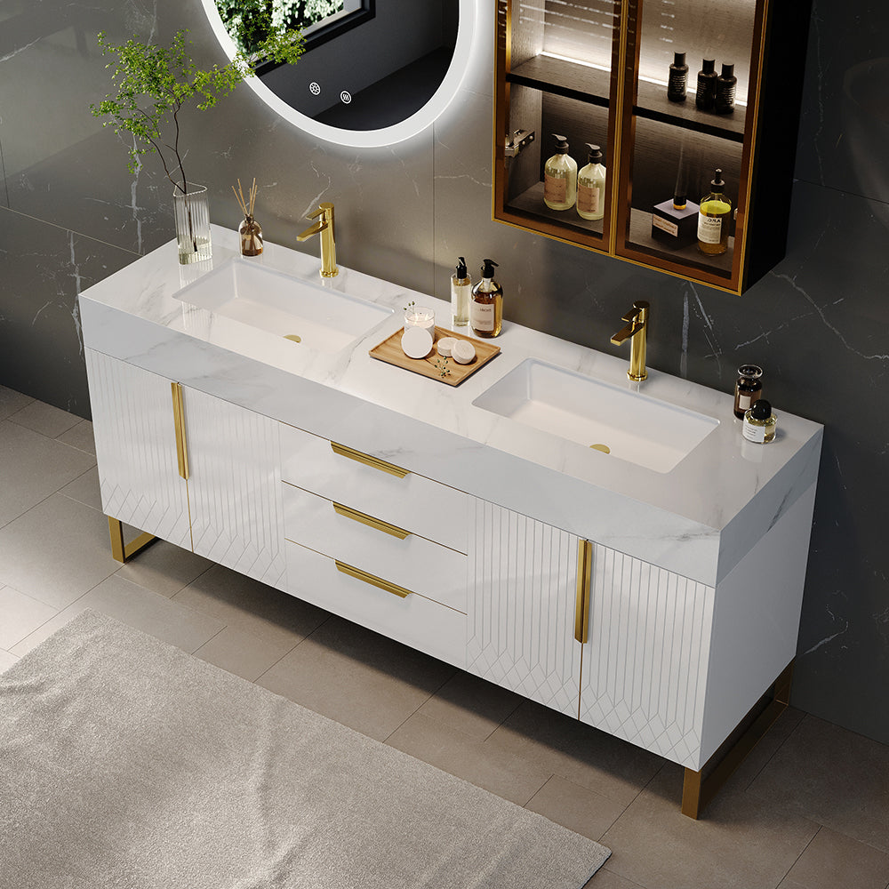 59" Bathroom Vanity Freestanding Cultured Marble Top with Double Sink Drawers & Doors White