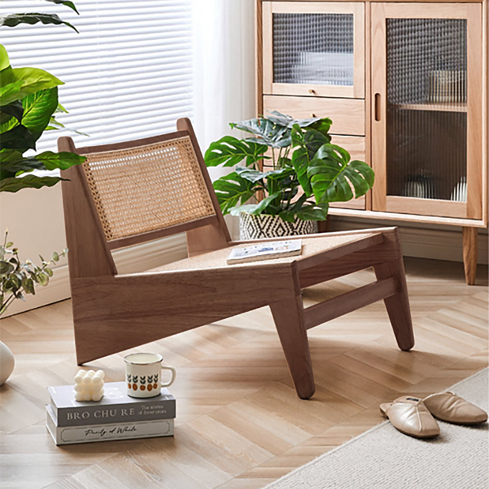 Japandi Walnut Rattan and Wood Lounge Chair Accent Chair for Living Room