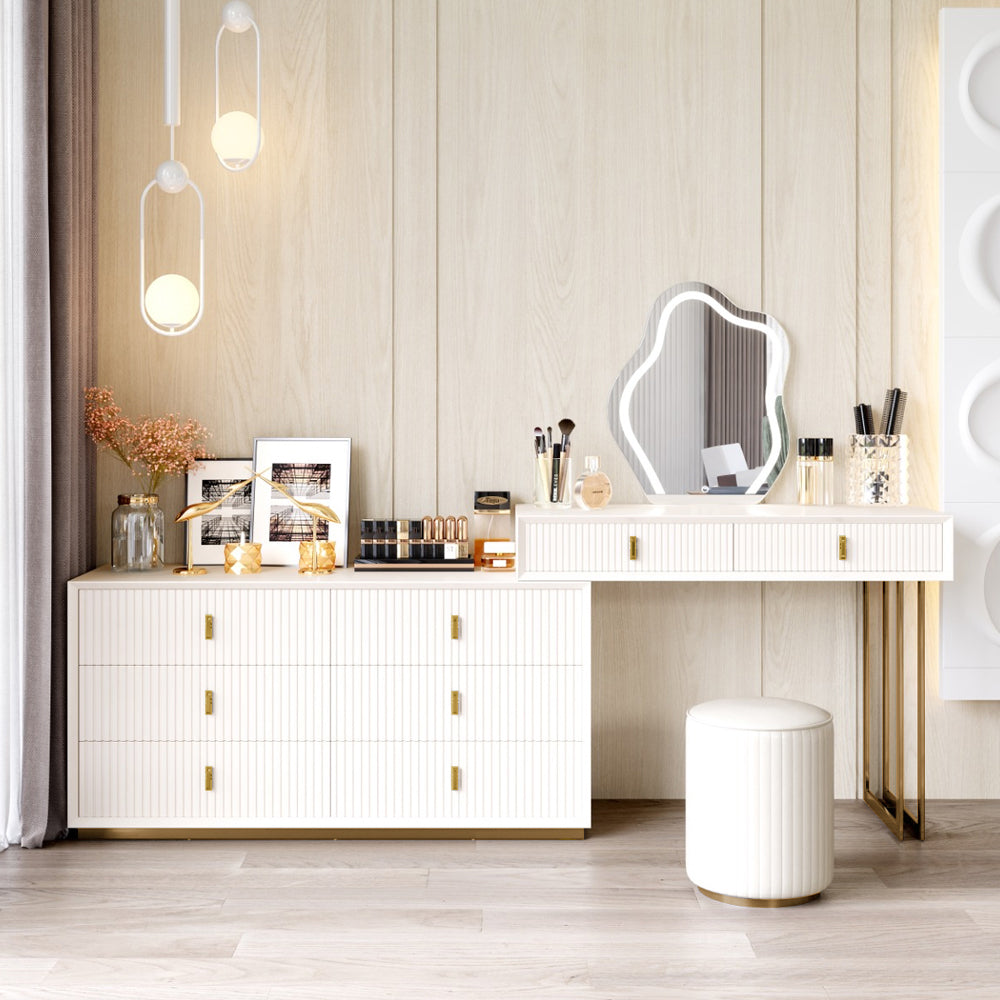 Modern White Makeup Vanity Set with 6-Drawer Cabinet Dressing Table with Stool & Mirror