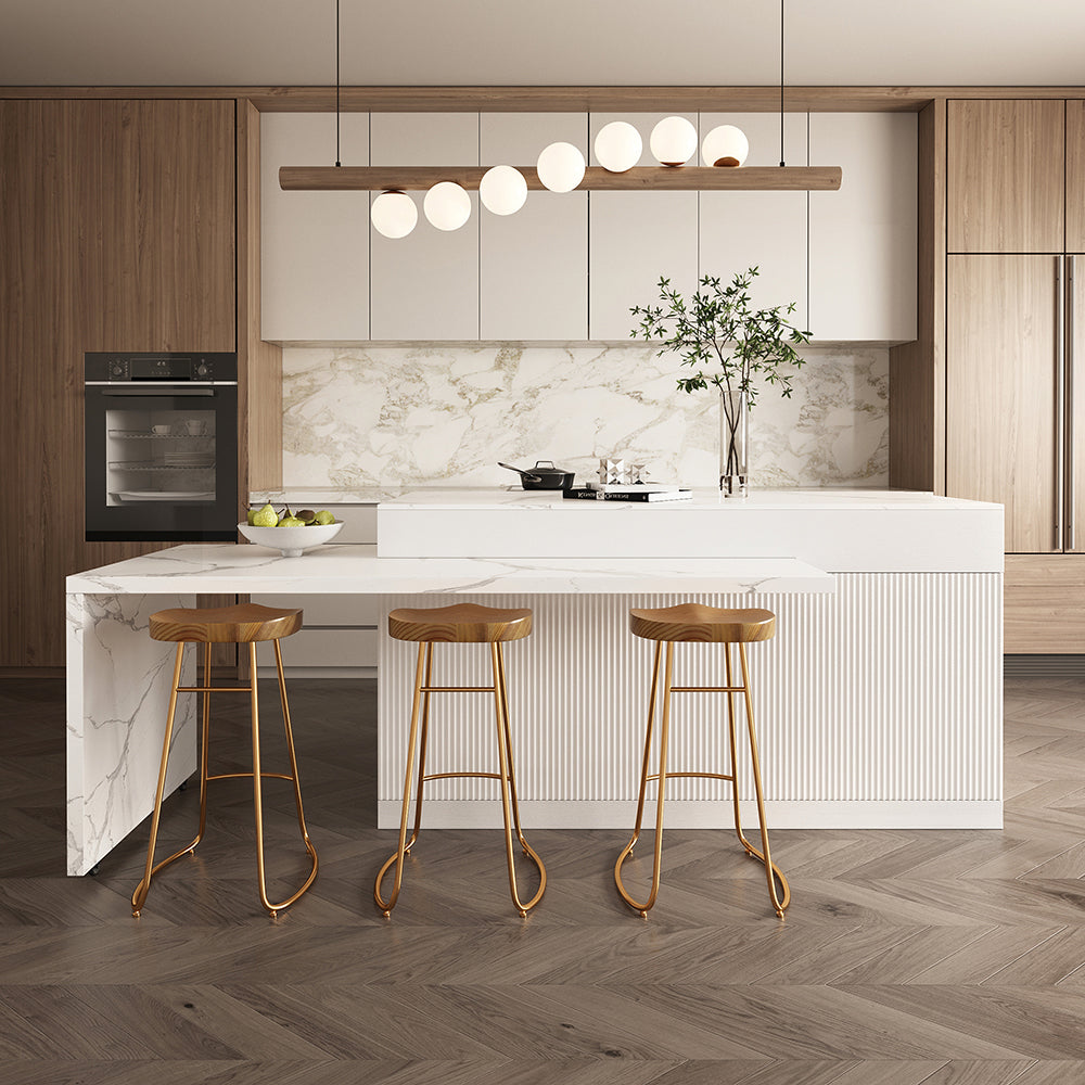 81"-106" Kitchen Islands Extendable Marble Pattern Top White Modern with Doors & Drawers