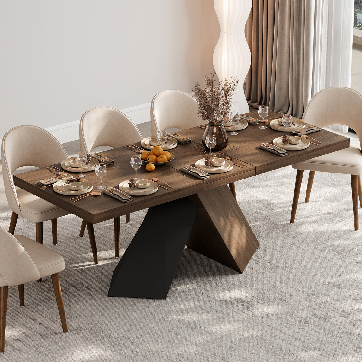 63"-79" Extendable Walnut Dining Table Modern Farmhouse Rectangle 4-6 Seater Pedestal