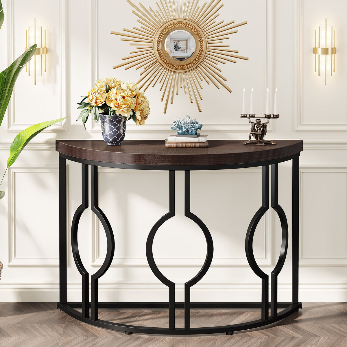 43" Industrial Console Table, Half Moon Shaped Accent Sofa Table - Rustic Brown & Black