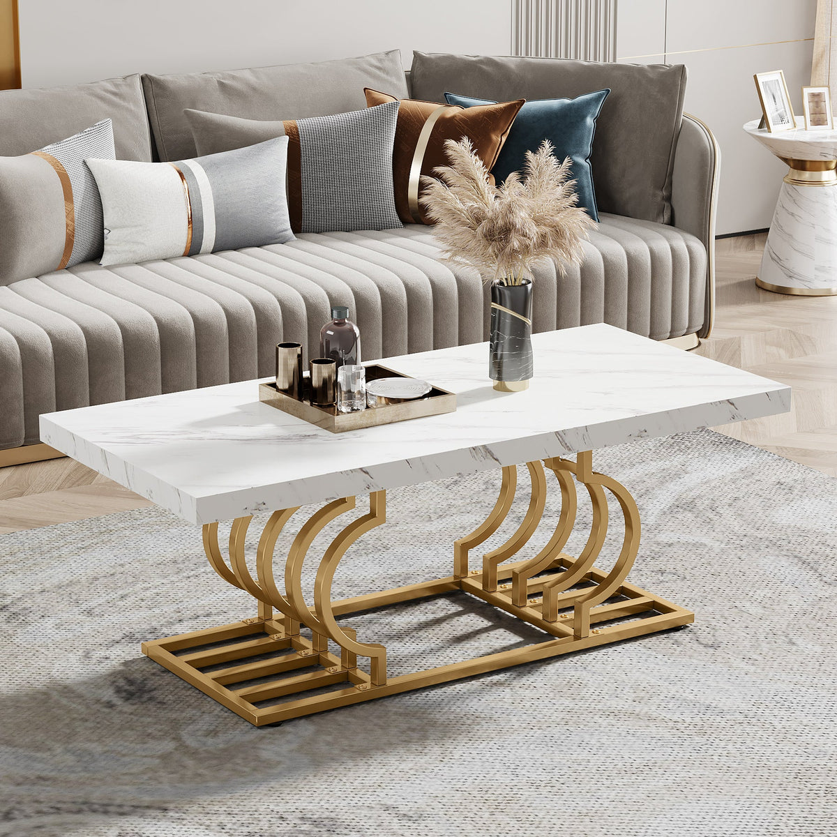 47" Faux Marble Coffee Table with Gold Geometric Frame