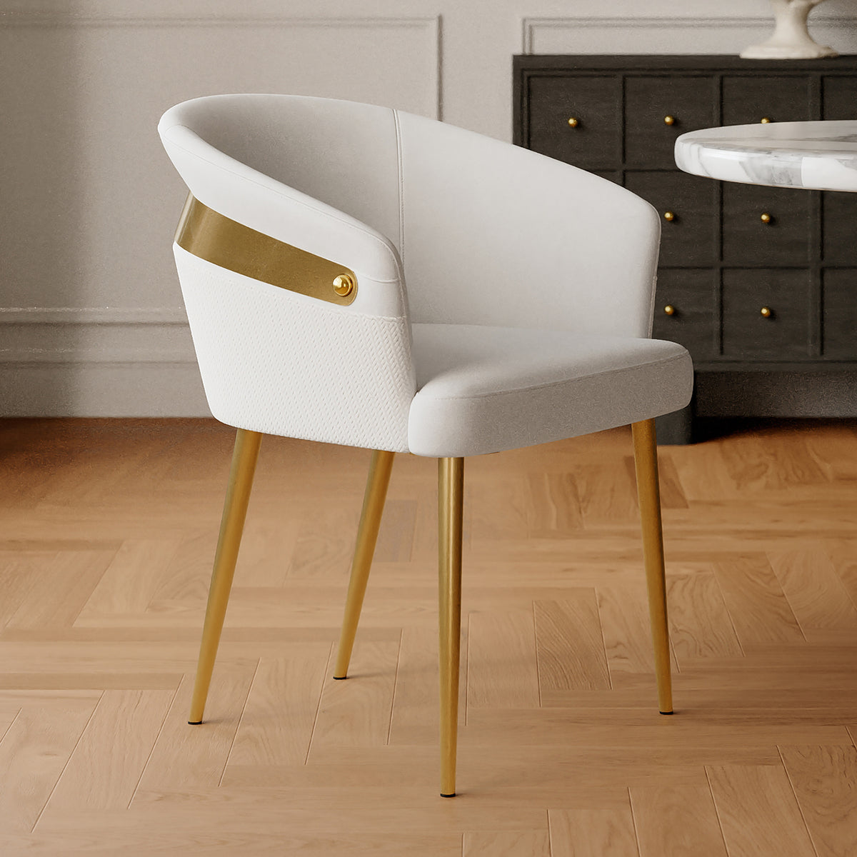 Modern White PU Leather Dining Chair Curved Back with Gold Legs