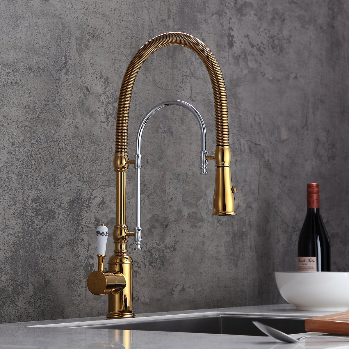 High Arc Single Handle Kitchen Faucet Solid Brass Dual-Mode Pull-Down Sprayer Kitchen Sink Faucet with Porcelain Handle