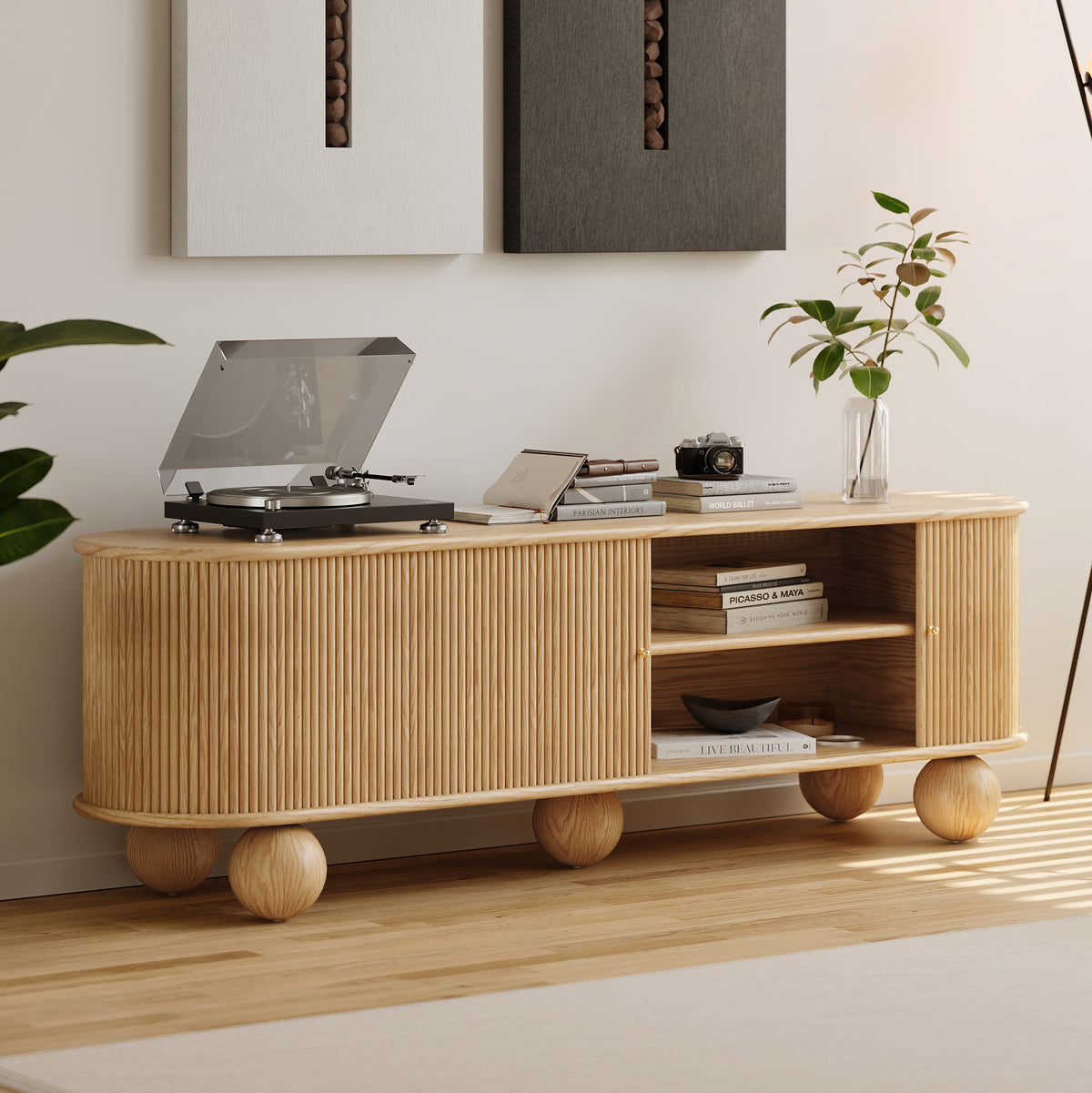 Ash Solid Wood Mid Century Modern Oval TV Stand with Storage