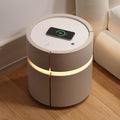 Round Saddle Leather Nightstand with Wireless Charging Bedside Table in Beige