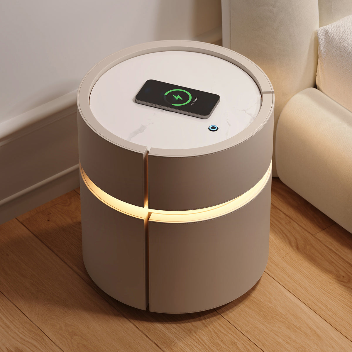 Round Saddle Leather Nightstand with Wireless Charging Bedside Table in Beige