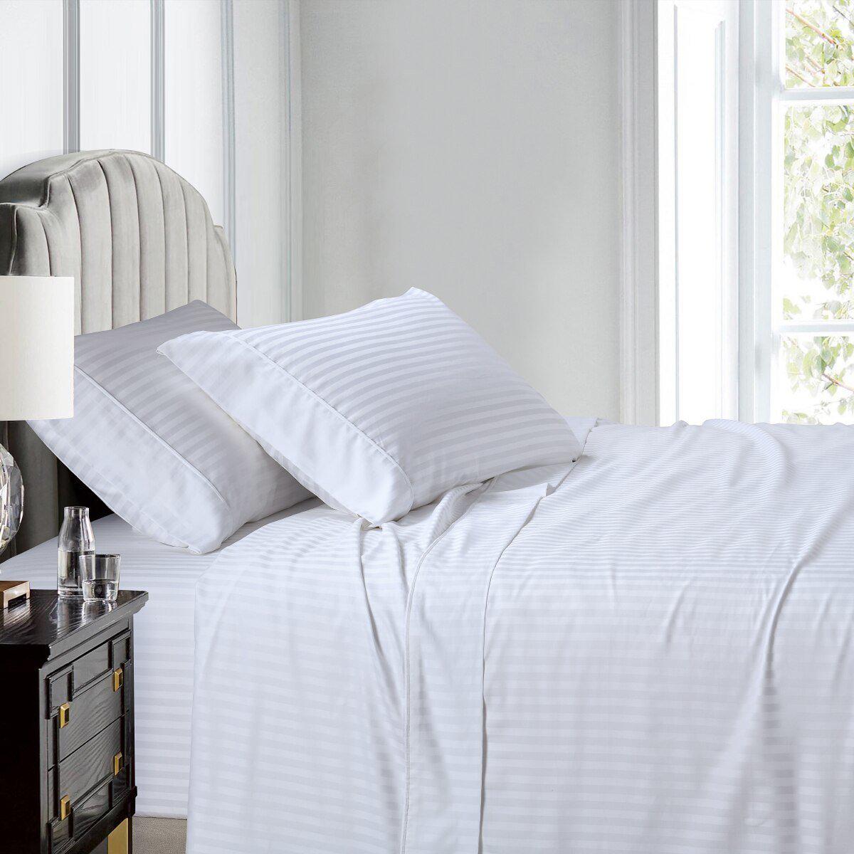 Split Queen Sheet Set Stripe 608 Thread Count - White