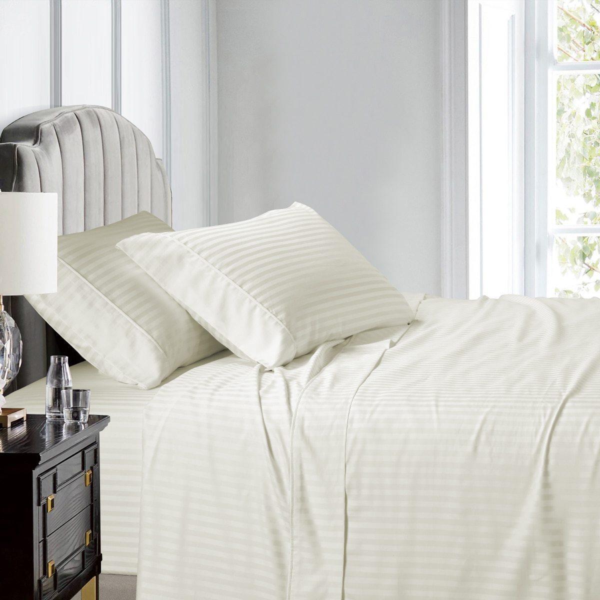 Split Queen Sheet Set Stripe 608 Thread Count - Ivory