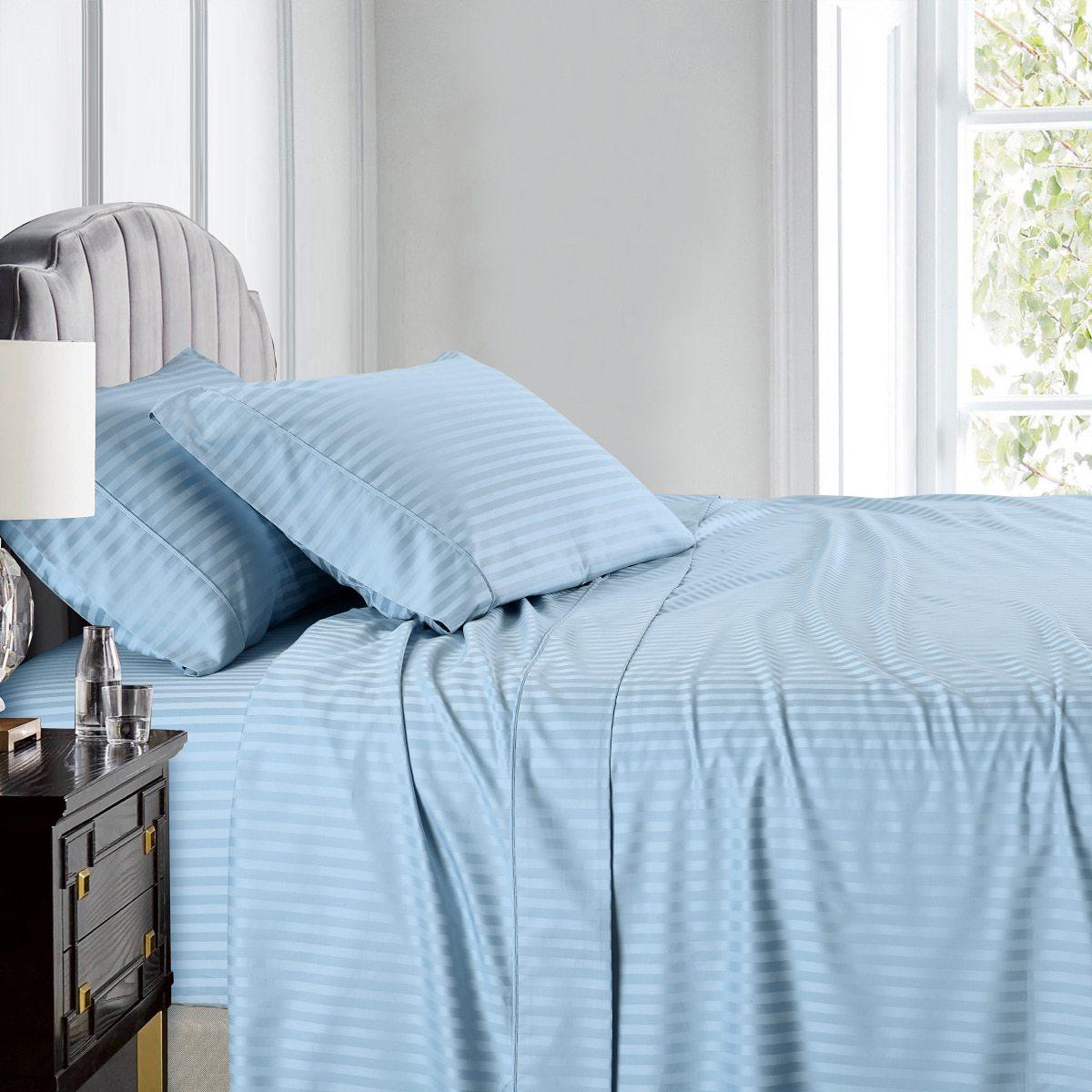 Split Queen Sheet Set Stripe 608 Thread Count - Blue