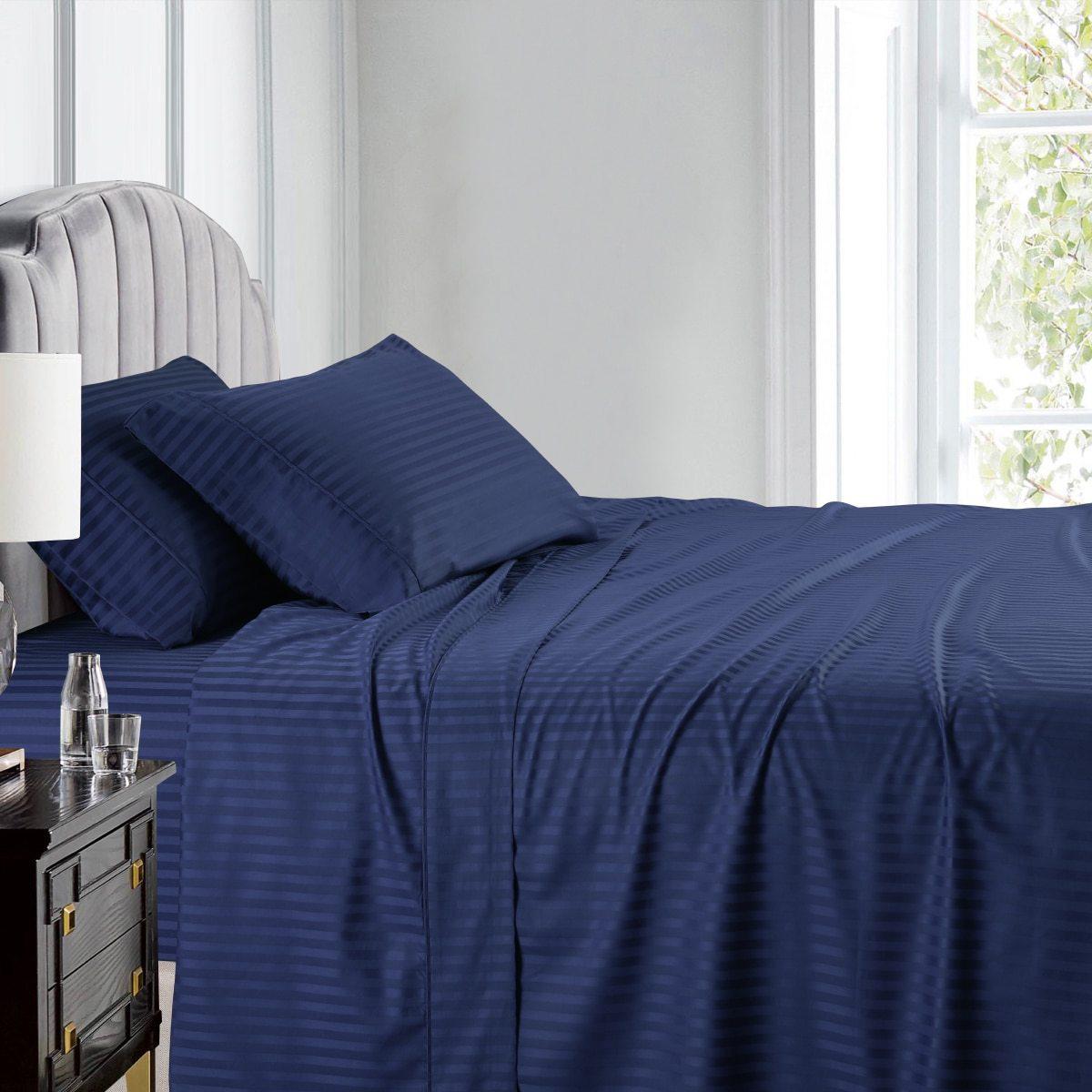 Split Queen Sheet Set Stripe 608 Thread Count - Navy