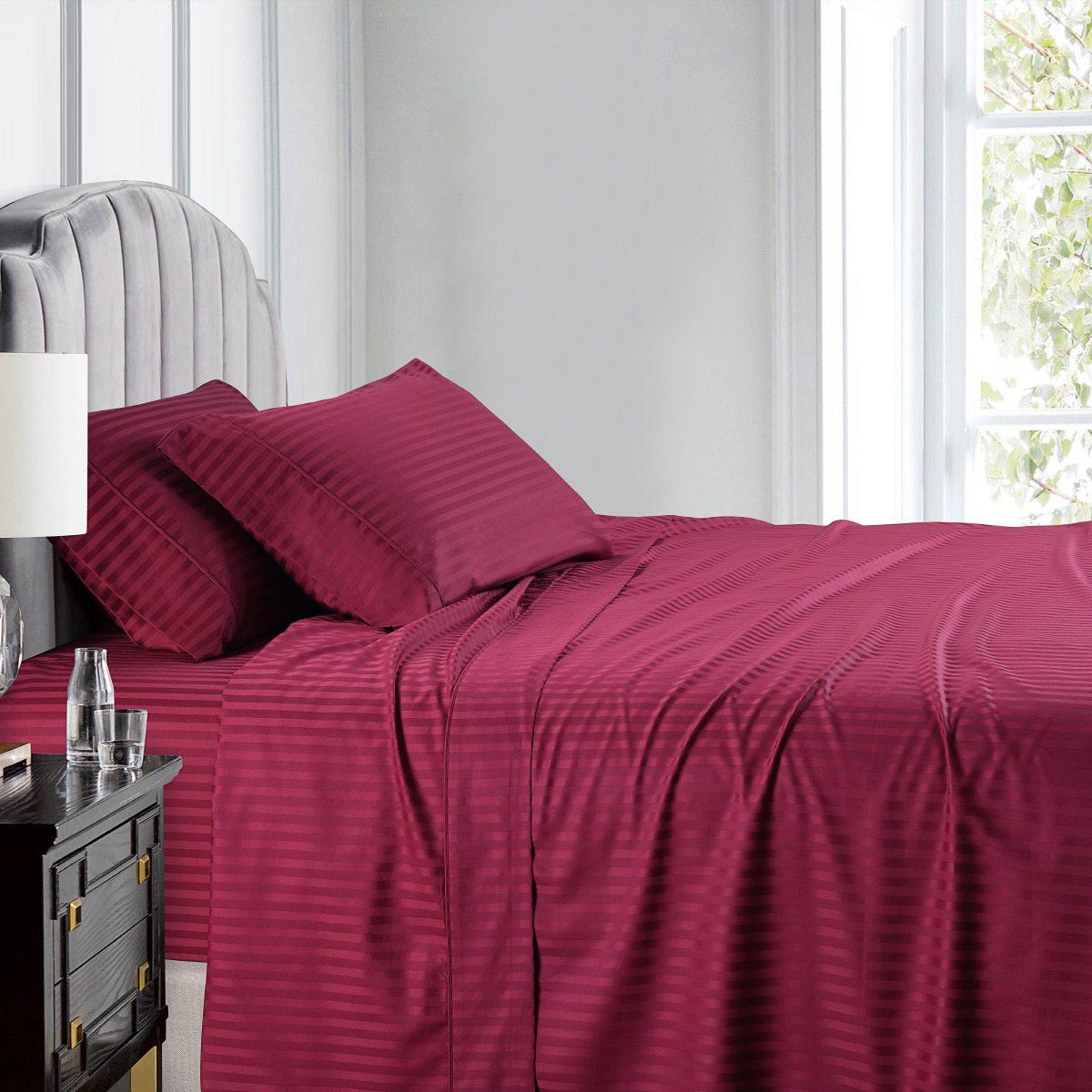 Split Queen Sheet Set Stripe 608 Thread Count - Burgundy