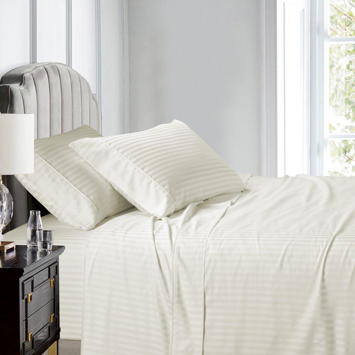 Top Split (Flex) King Sheet Set Luxury 608 Thread Count Damask Stripe - Ivory