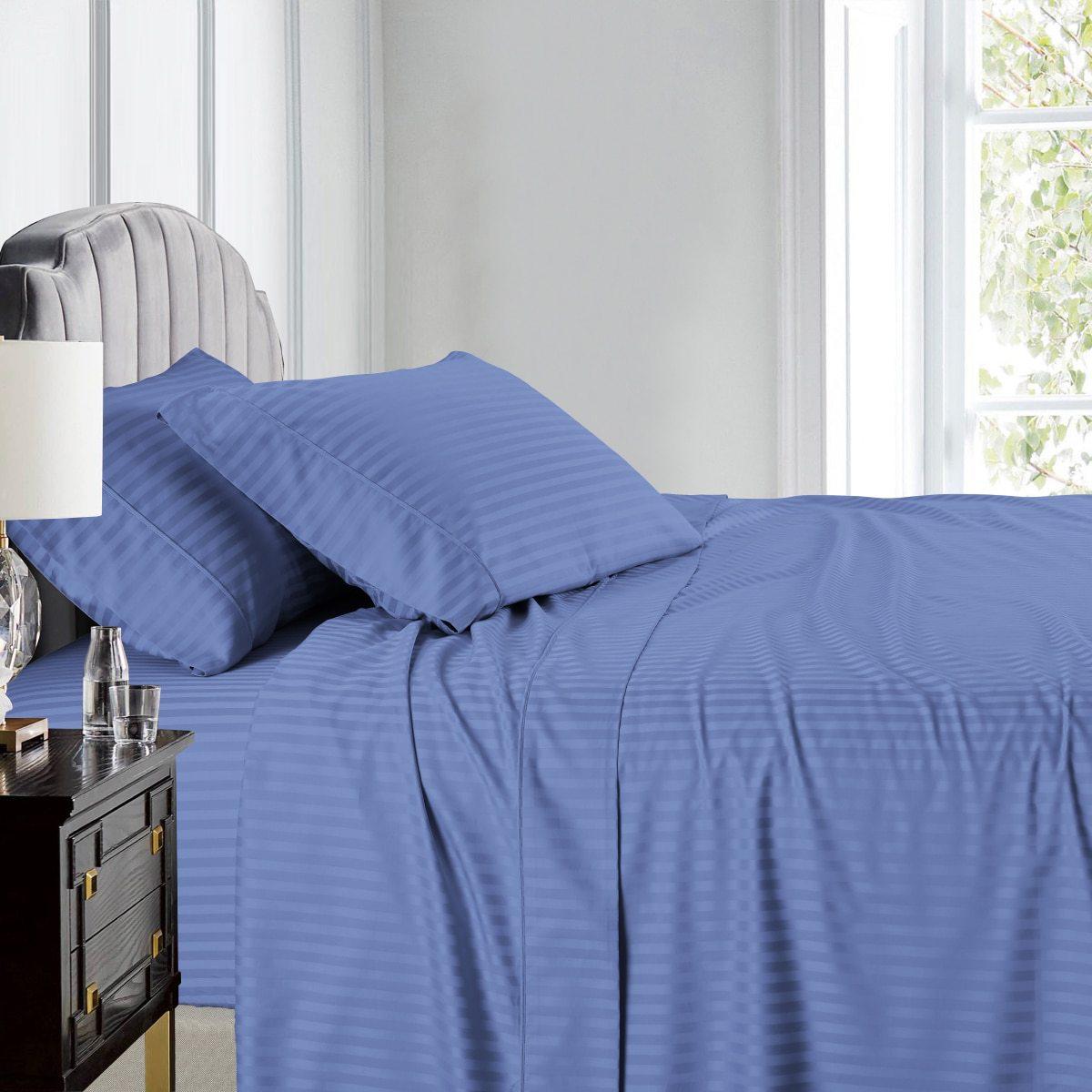 Split Queen Sheet Set Stripe 608 Thread Count - Periwinkle