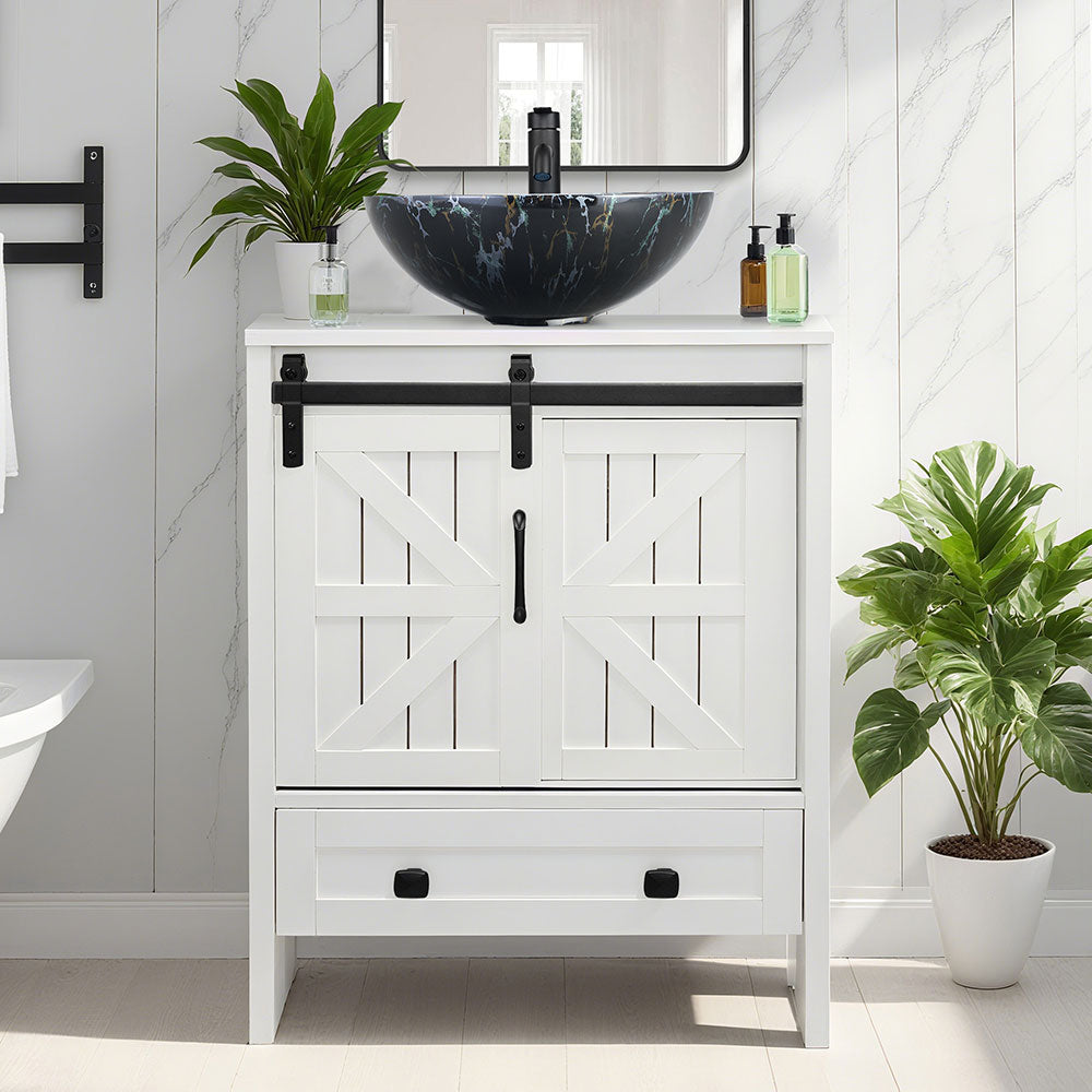 Sigsyl 24 inch Vessel Sink Vanity | with Faucet & Pop-up Drain - Round / Black Marble