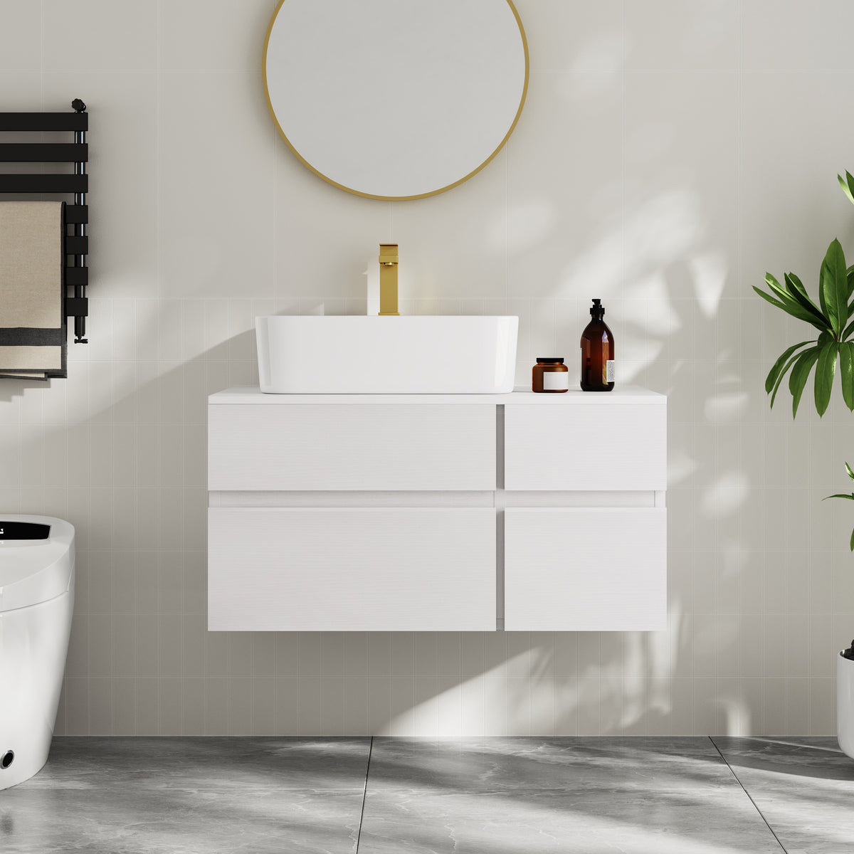 31.5" Floating Bathroom Vanity Cultured Marble Top with Ceramic Vessel Sink White
