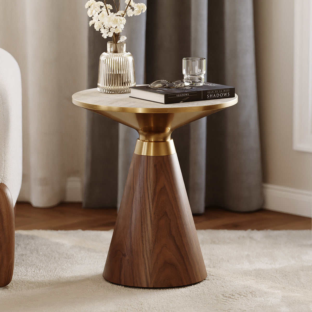 Round Walnut End Table with Travertine Top