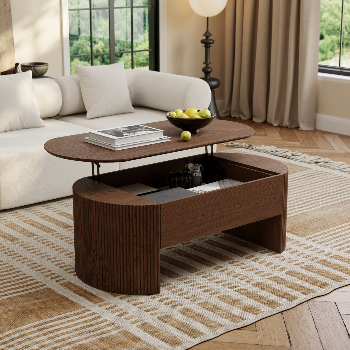 Walnut Oval Lift Top Mid-Century Modern Coffee Table