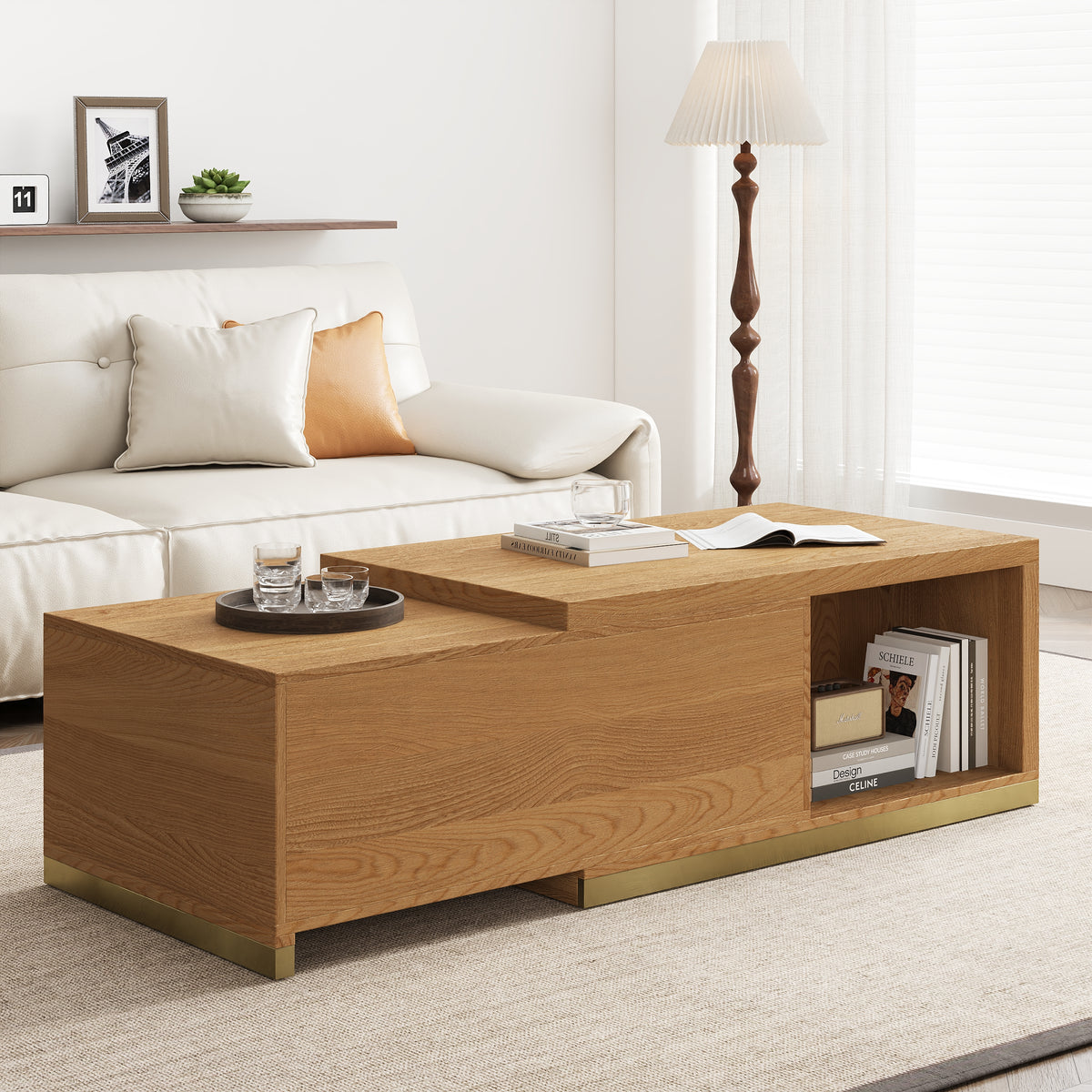 Mordel Extendable Up to 70.8" Rectangle Natural Coffee Table with 2 Drawers