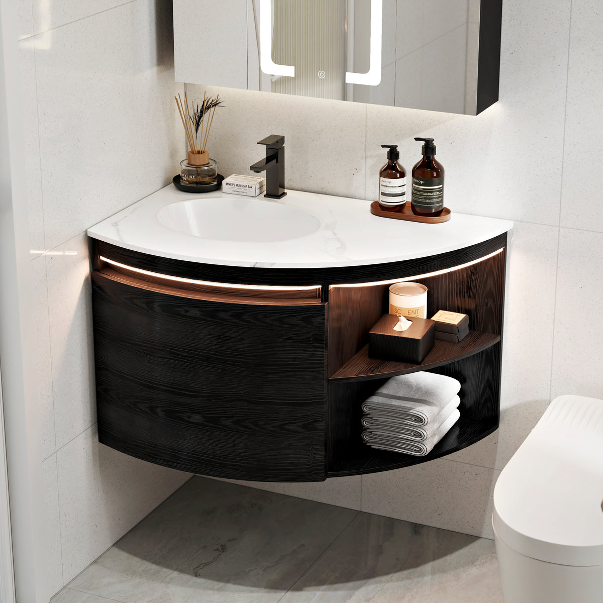 36" Corner Bathroom Vanity with Storage & LED Sensor Light