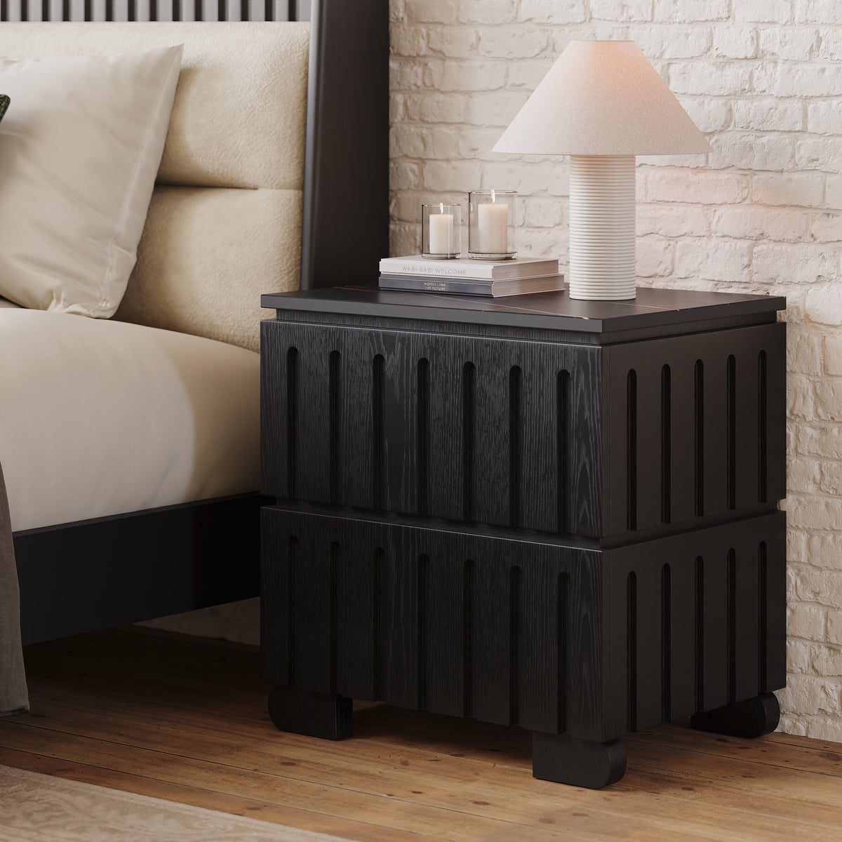Ash Wood 2-Drawer Nightstand with Sintered Stone Top