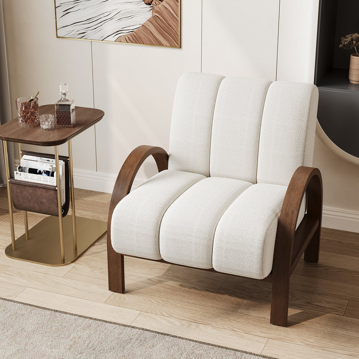 Mid Century Modern Boucle Accent Chair White Modular Lounge Chair with Ash Solid Wood Frame