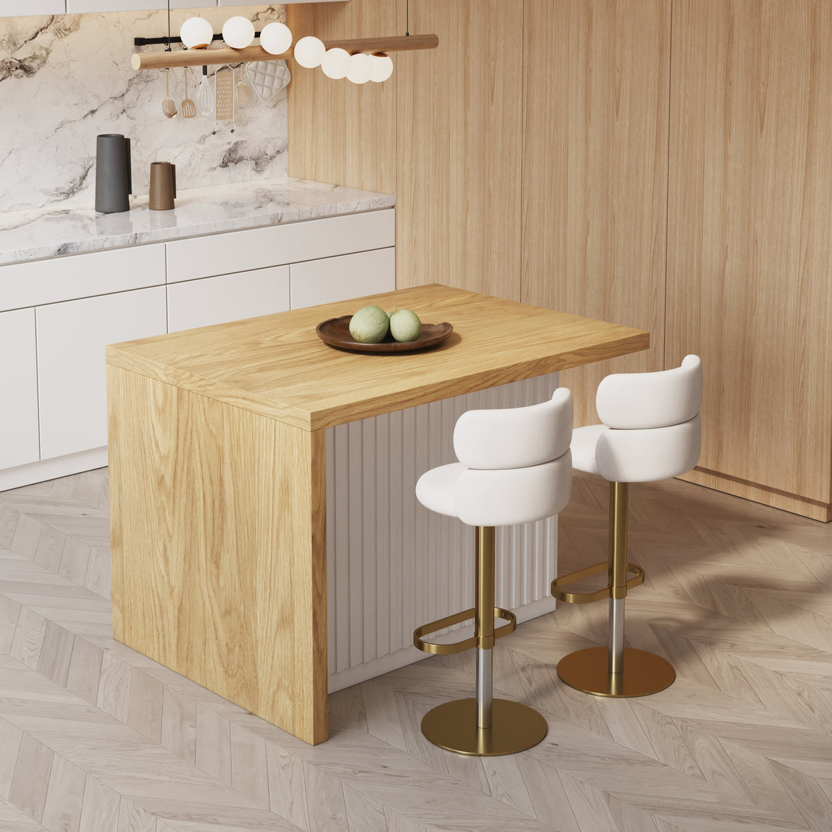 50" Large Kitchen Island Marble Veneered Top with Storage White & Natural Kitchen Cabinet