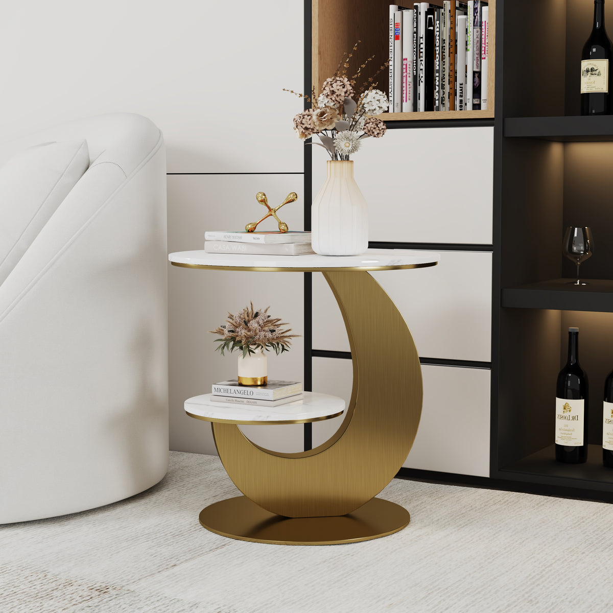 Round Faux Marble 2 Tier End Table Modern White & Gold Side Table