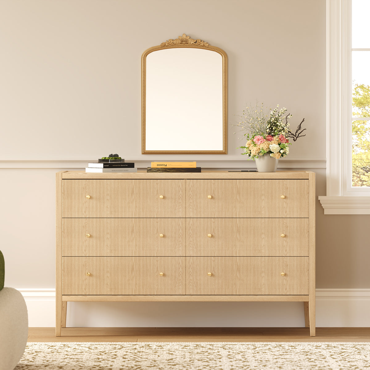 47" Fluted Natural 6-Drawer Dresser with Charging Station