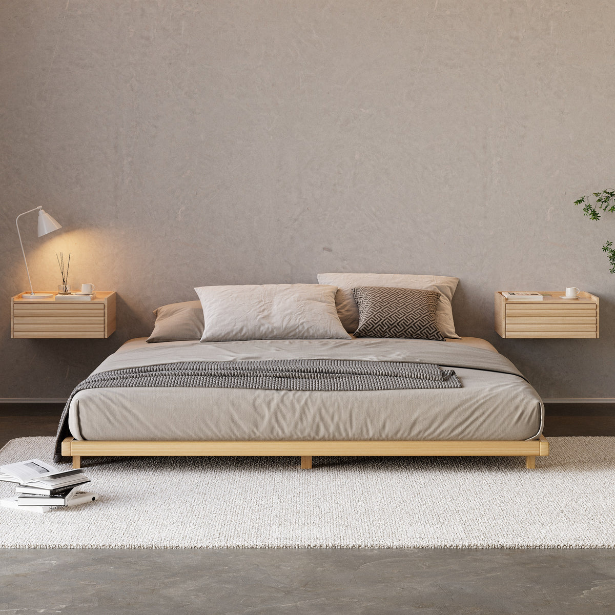 Wooden Floating Nightstand Modern Bedside Table with Charging Station Japanese Style King Low Bed Frame Natural Floor Bed