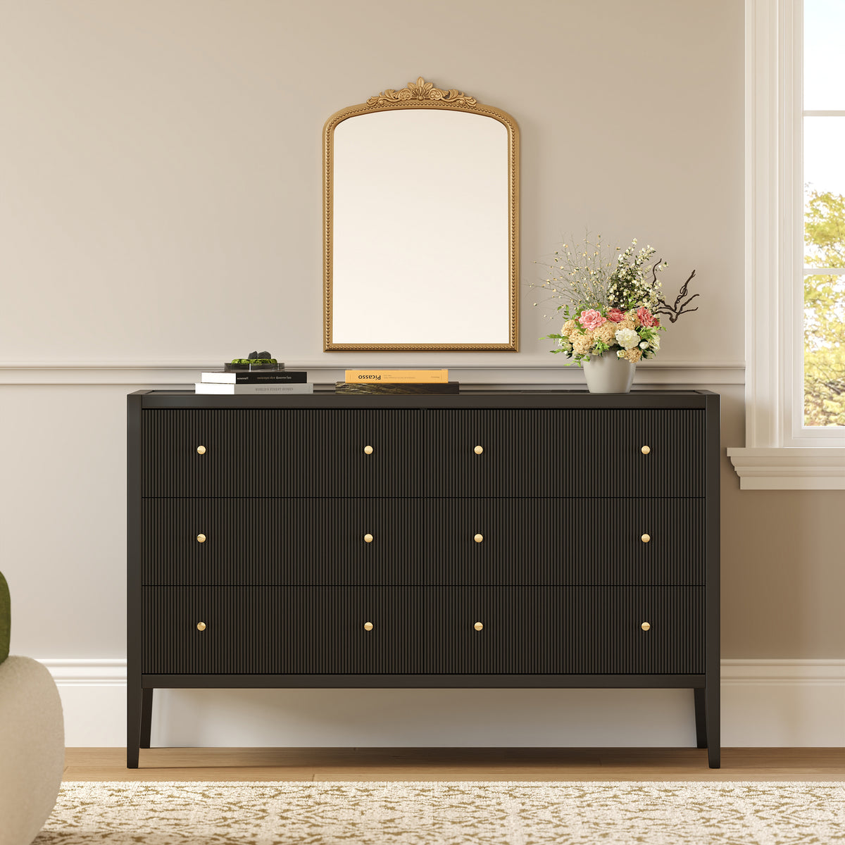 47" Fluted Black 6-Drawer Dresser with Charging Station