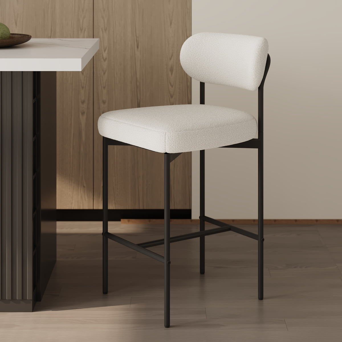 Modern Boucle White Counter Stool Set of 2 with Back & Footrest