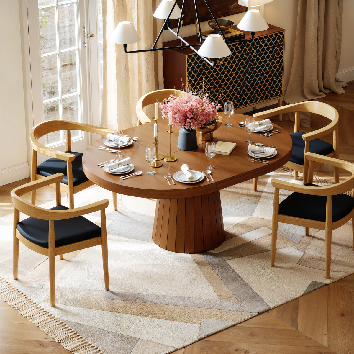 39"-55" Oval & Round Dining Table Extendable Wood Table Pedestal 4-6 Seater Japandi Walnut