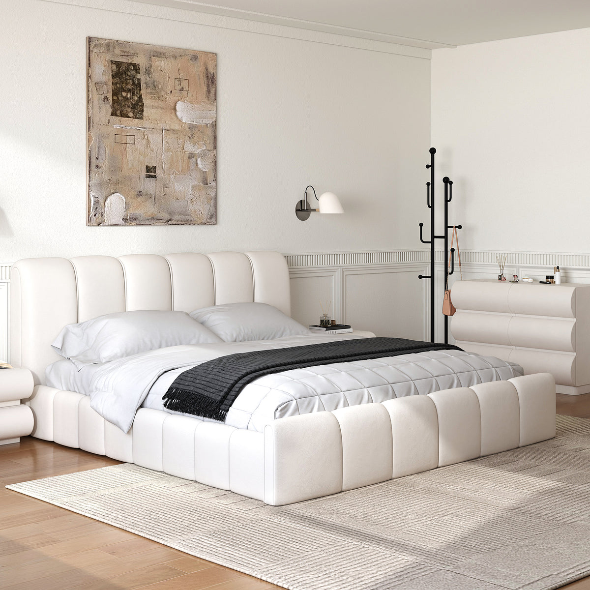 King Bedroom Set Wingback King Bed Frame with Headboard & White Leather 6-Drawer Dresser Chest