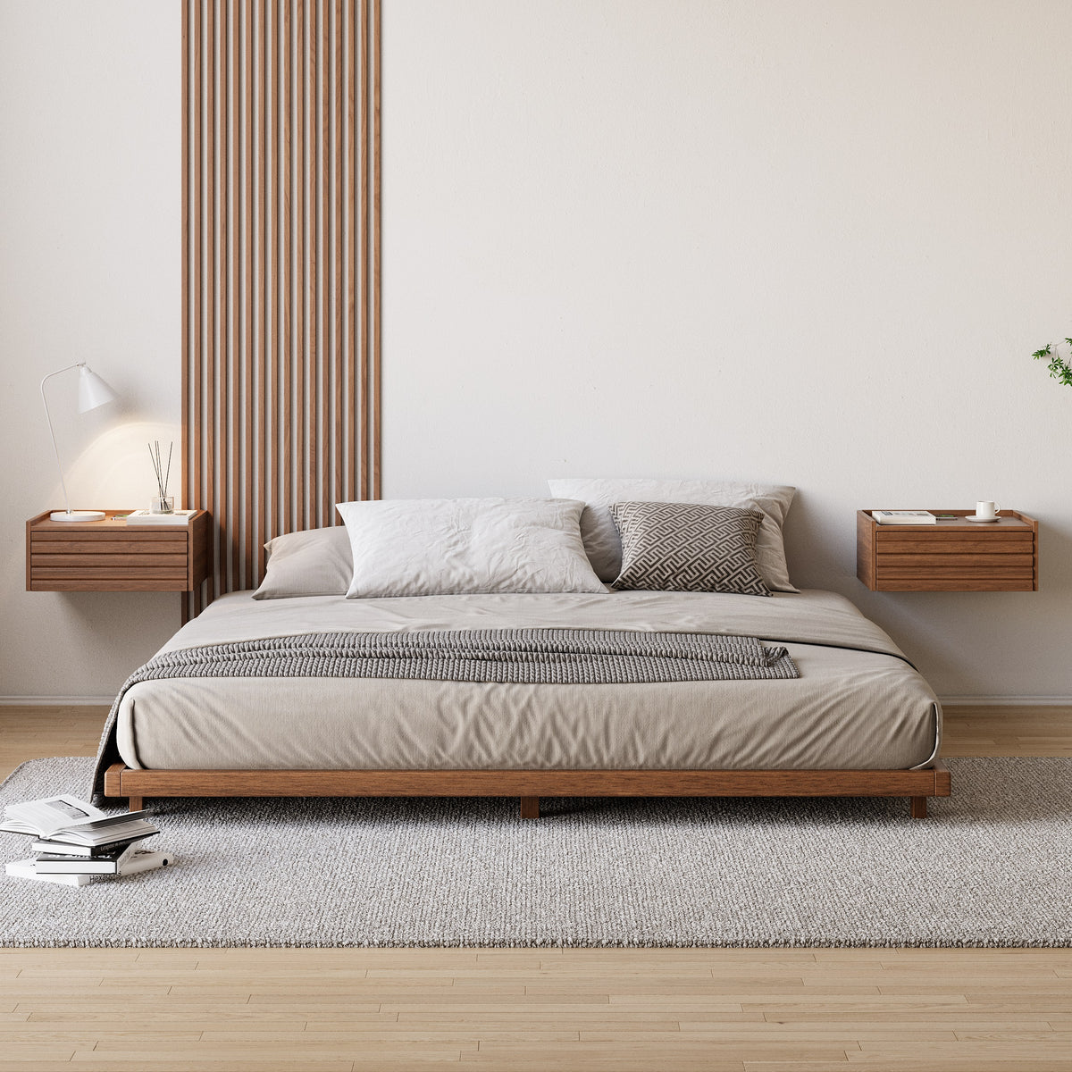 Wooden Floating Nightstand Modern Bedside Table with Charging Station Japanese Style King Low Bed Frame Walnut Floor Bed