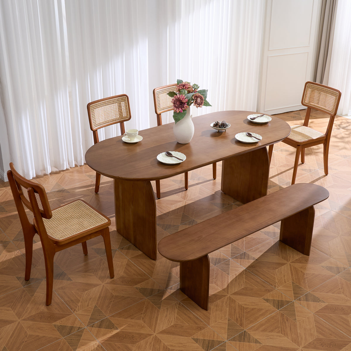 70.9" Oval Dining Table Solid Wood for 6 People Japandi Walnut Pine Wood Dininer Table for Dining Room, Kitchen, Living Room Easy Clean