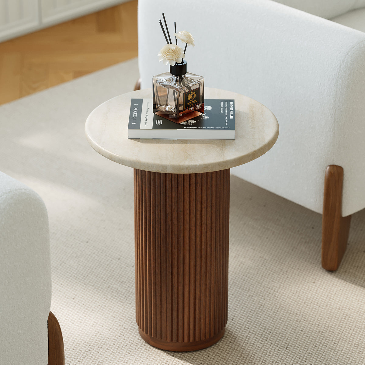 Faux Marble Round End Table Modern Side Table with Wood Base