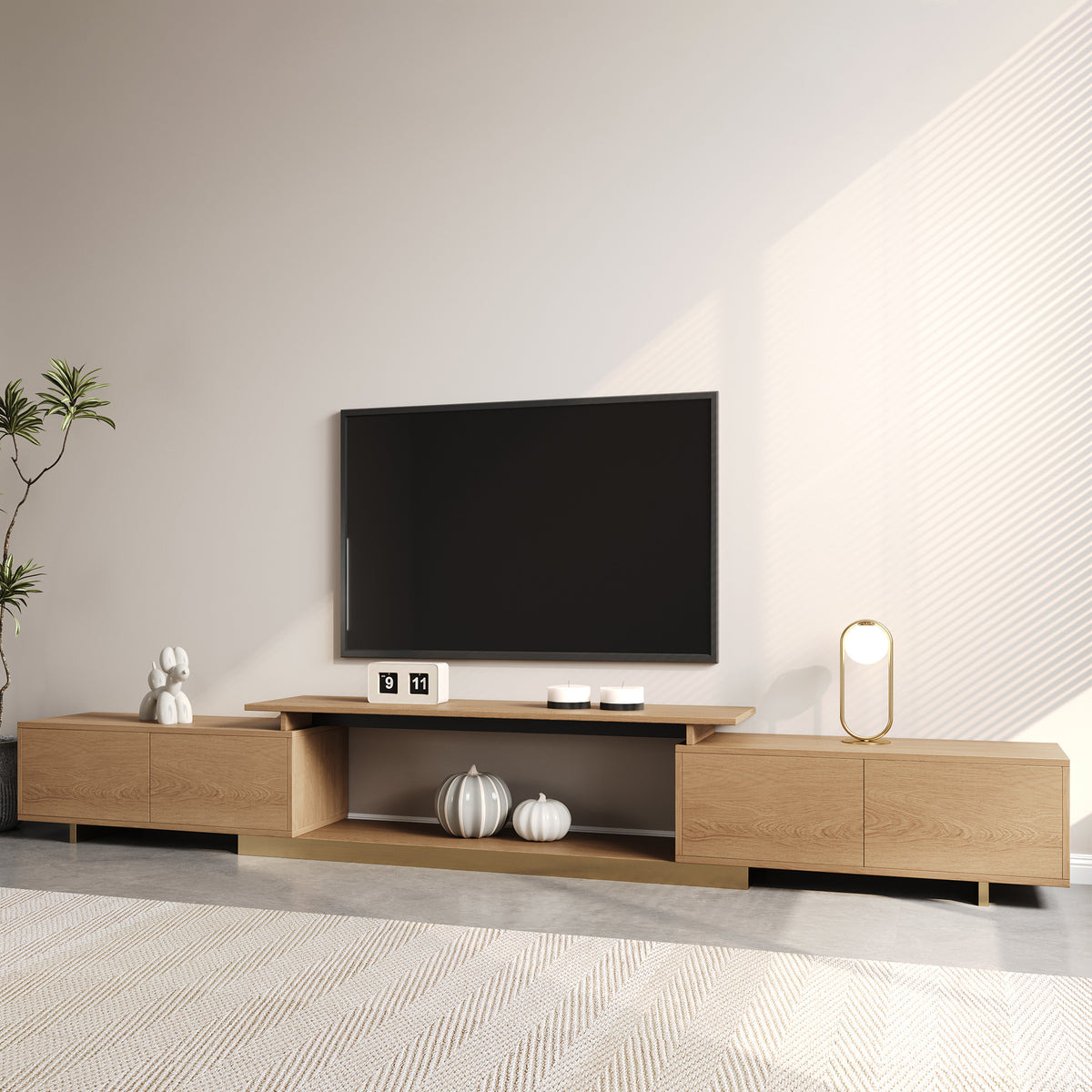 Mordel Natural Modern Rectangle Glossy Extendable TV Stand Storage for 65 to 85" TV
