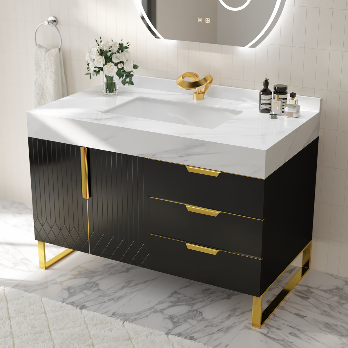 Aro 35" Black Freestanding Single Sink Bathroom Vanity Drawers Doors Faux Marble Top