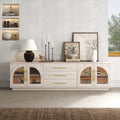 Arune 72" Japandi Whitewash TV Stand with LED Lights and Arched Glass Cabinet Doors